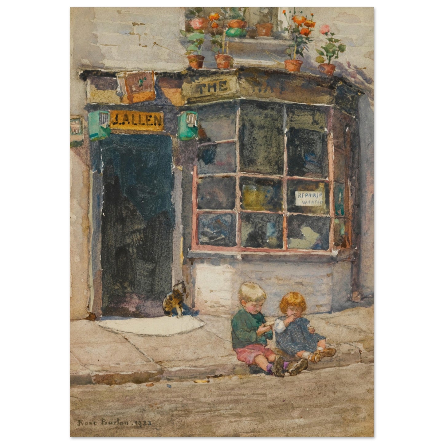 Cobbler’s Shop in Lancelot Place, Knightsbridge by Irish Artist Rose Barton Museum Quality Art Print – size comparison view | Buy Irish Art