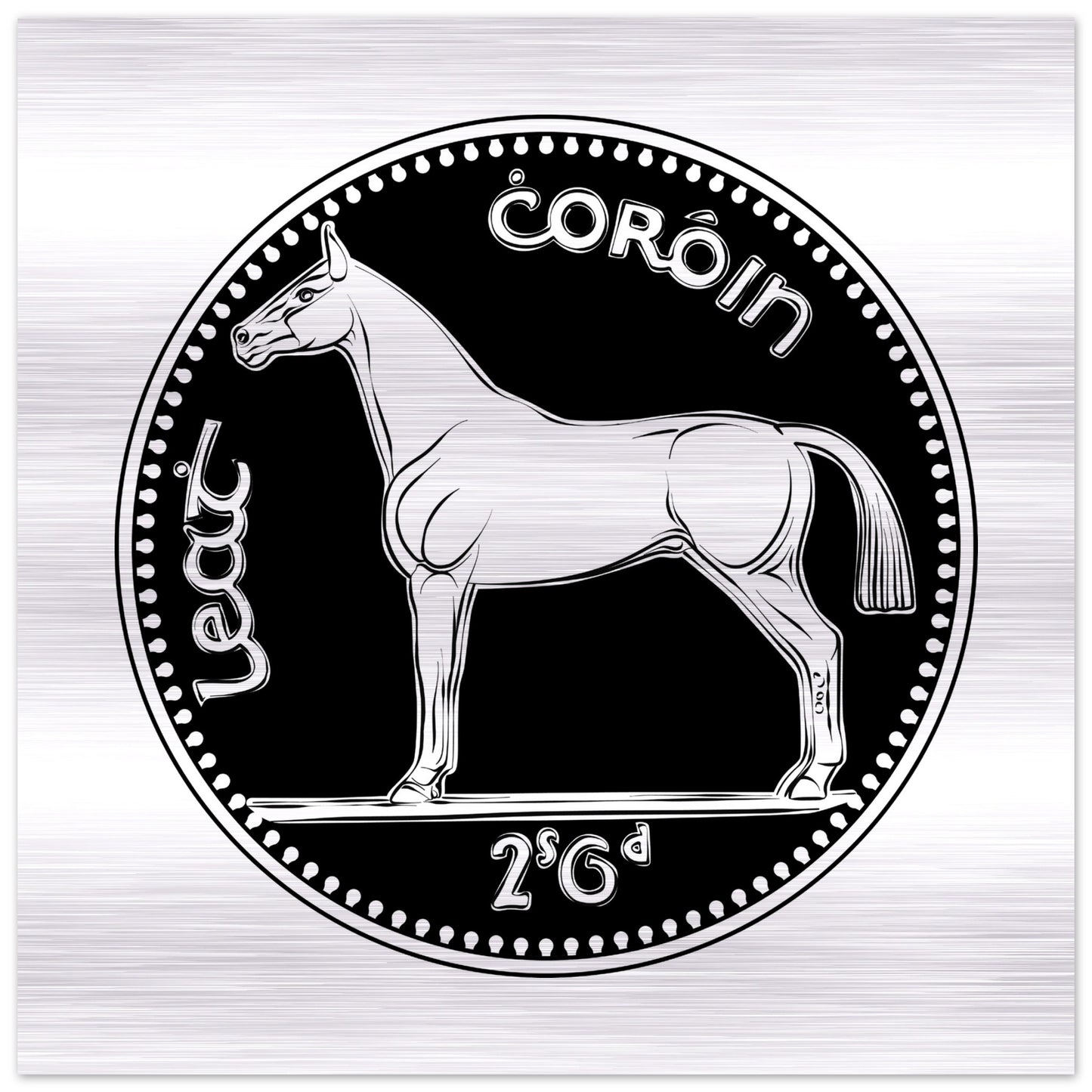 Old Irish Money Penny Half Crown Coin Irish Horse gebürsteter Aluminiumdruck