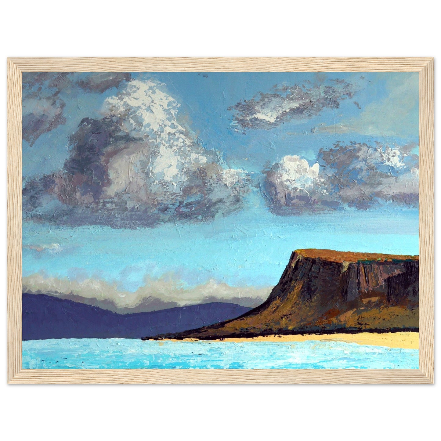 Ó Maoláin's framed art: Ballycastle beach, Fair Head distant view. Serene coastal scene, sandy shores, cliffs. County Antrim, Ireland.