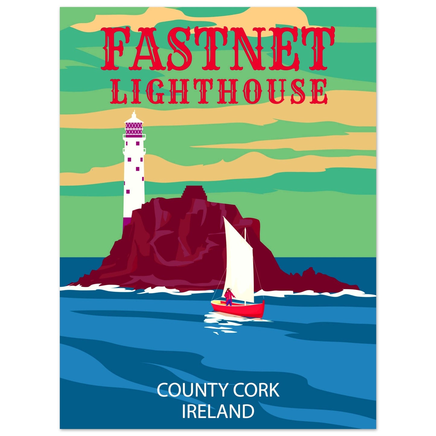 Fastnet Lighthouse County Cork Ireland Travel Retro Art Print Poster – room setting display | Buy Irish Art