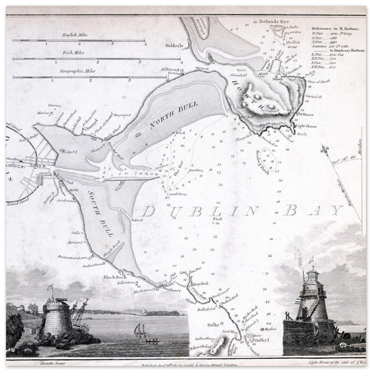 Nautical Map of Dublin Bay with Vignettes of Seapoint Martello Tower and Poolbeg Light House, South Wall – detail view | Buy Irish Art
