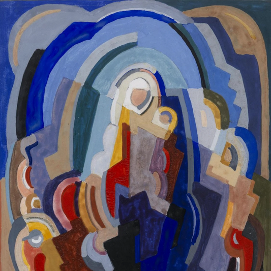 The Virgin and Child Enthroned by Mainie Jellett, close-up detail of archival print texture