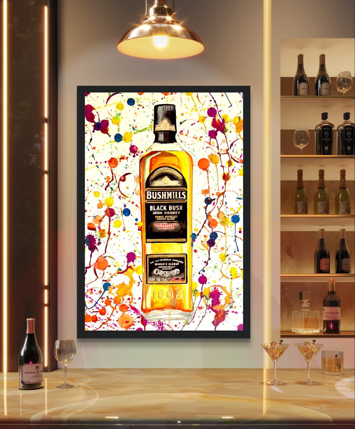 Artwork of Bushmills Black Bush whiskey bottle in Bushmills, Northern Ireland, near Giant's Causeway. Perfect for whiskey lovers and those who appreciate Irish craftsmanship. Hotel Bar Whiskey Collection.