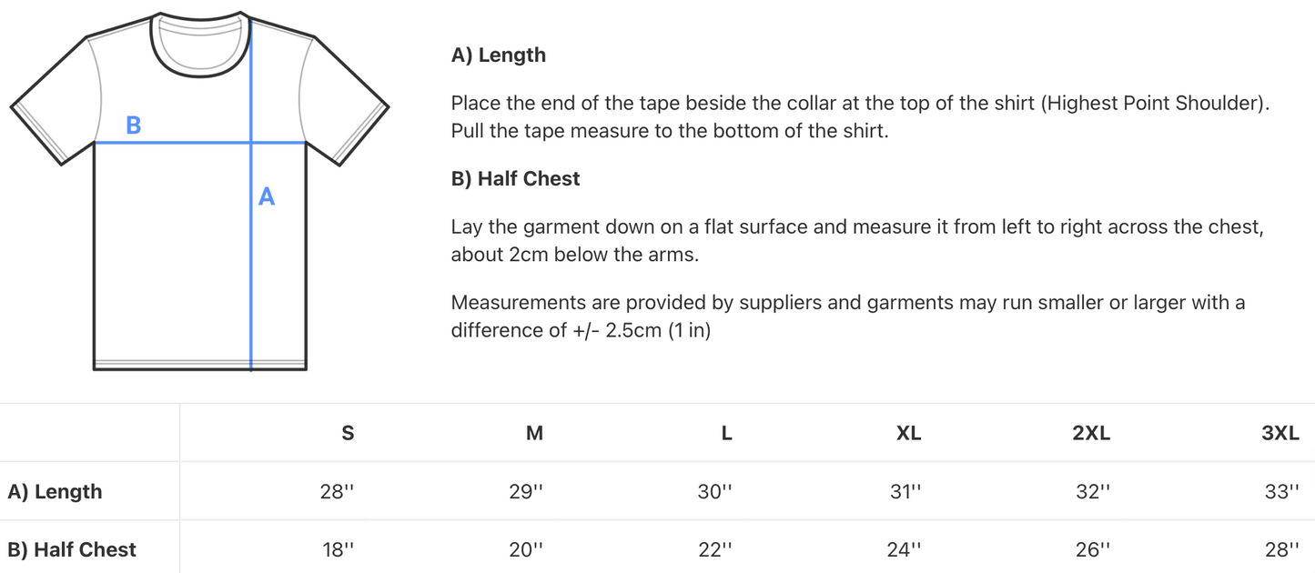 Buy Irish Art T-shirt size guide in inches