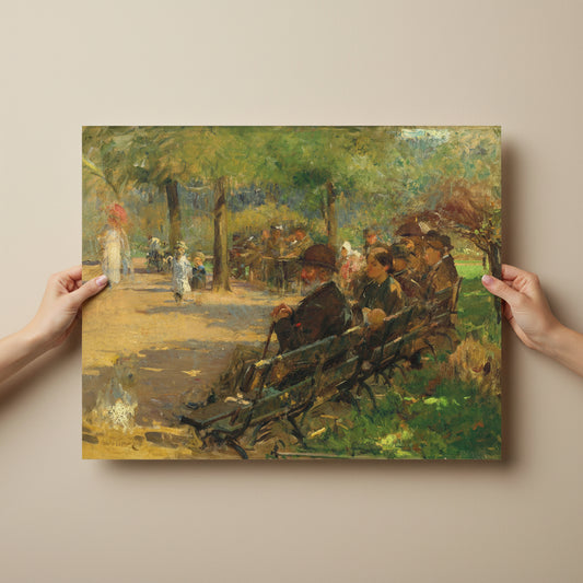 In St Stephen’s Green Dublin by Irish Artist Walter Frederick Osborne Art Print
Unframed 40×50 cm print held by two hands at the edges against a neutral wall. Clean nails, no distractions, emphasis on scale and museum-paper texture. Editorial and photorealistic.