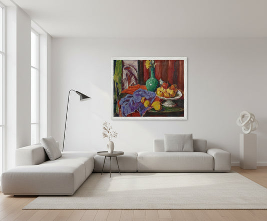 Roderic O'Conor Still Life of Fruit and Green Vase (1919) in a white gallery frame, hung in a bright contemporary living room with white walls, clean architectural lines, soft window light, premium design aesthetic.