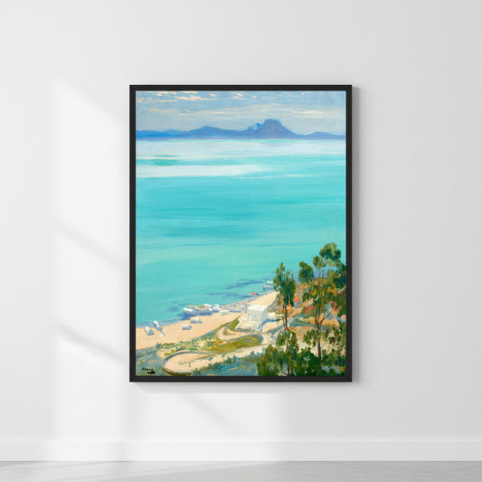 The Bay of Tunis, Morning by Irish Artist Sir John Lavery (1919) Irish Art Print, gallery edition fine art print in slim black gallery frame, displayed in minimalist
interior with soft diffused daylight, subtle shadows, premium contemporary styling,
clean white wall, photorealistic 4K