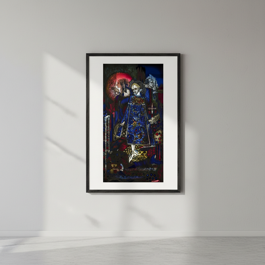 Create a high-resolution interior mock-up of a Collector’s Edition archival art print of “The Song of the Mad Prince” by Harry Clarke (1917).
Frame: matte black hardwood, deep profile, museum-grade finish.
Print size: 40 × 80 cm.
Scene: elegant gallery-style interior with soft neutral walls (white or light grey).
Lighting: soft diffused natural light to enhance the stained-glass jewel tones (reds, blues, golds).
Shadowing: subtle, realistic, with gentle falloff.
Room aesthetic: minimal modern living