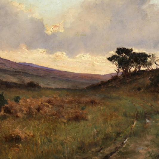 A View of Castletownshend, County Cork by Egerton Coghill, Irish coastal landscape art print Landscape painting of a field with trees and a cloudy sky