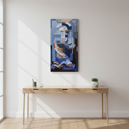 Large abstract geometric canvas by Mainie Jellett hanging above a minimalist designer desk, cool tones, clean modern workspace, natural window light,