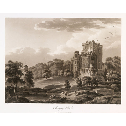 Blarney Castle with its Gothic mansion, 1796 aquatint by Thomas Sautelle Roberts, engraved by Samuel Alken - vintage Irish art print
