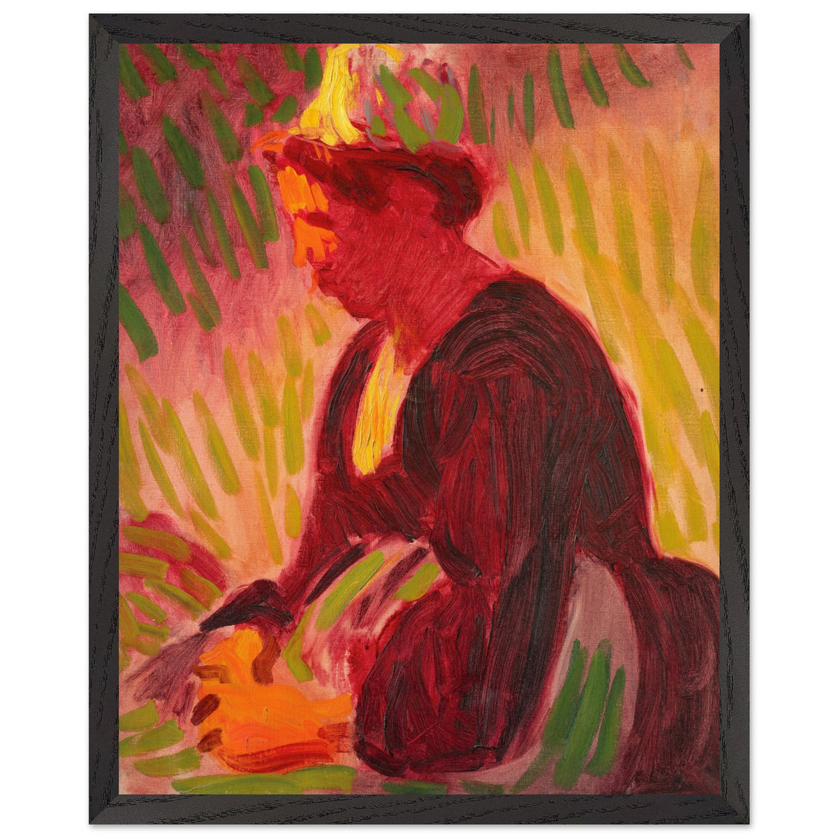 Peasant Woman Seated Outdoors art print in a black hardwood frame displayed in a contemporary living room with charcoal textiles, soft window light, and muted tones. Gallery-style presentation, clean and elegant aesthetic.