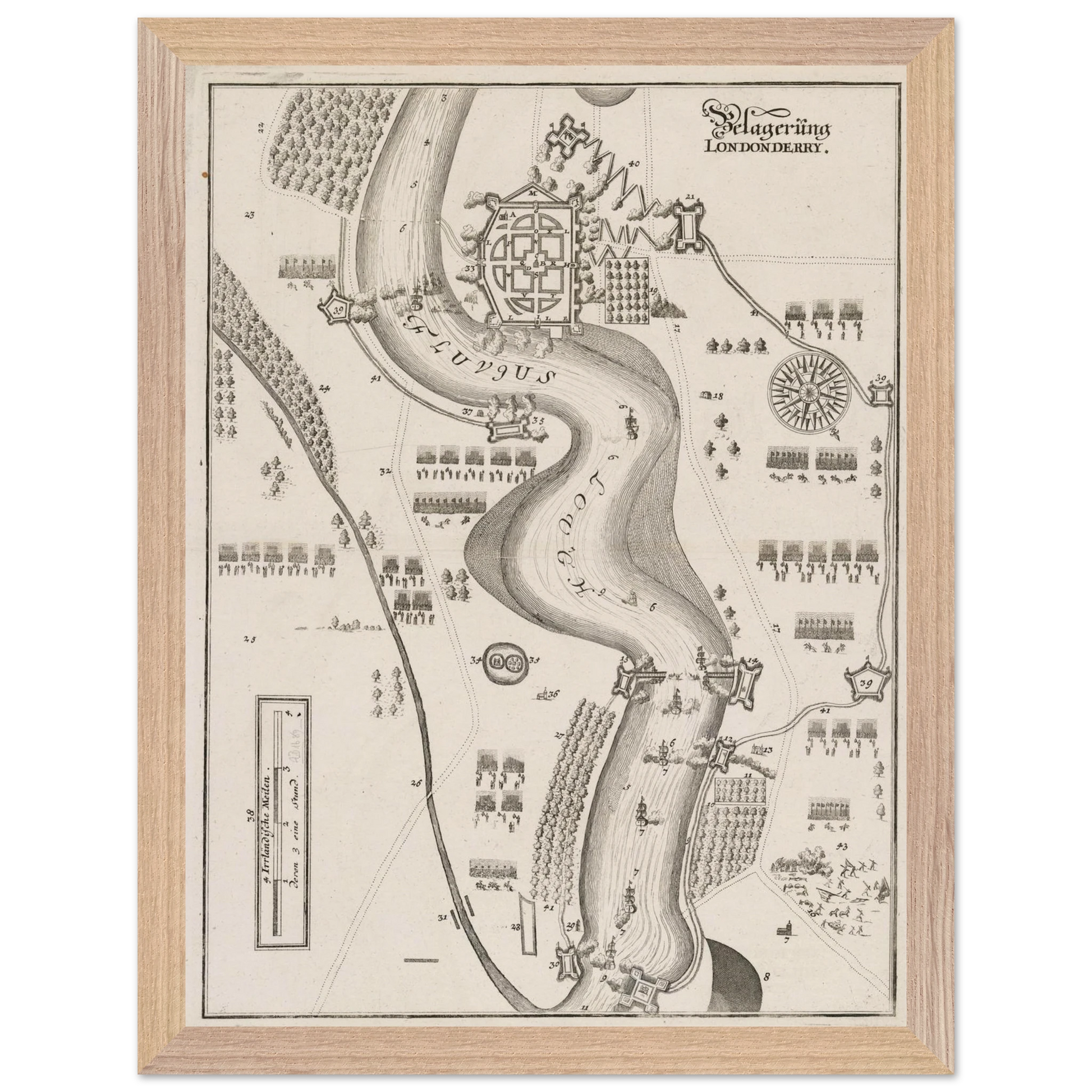 The Siege of Derry 1689 print displayed in a natural wood frame