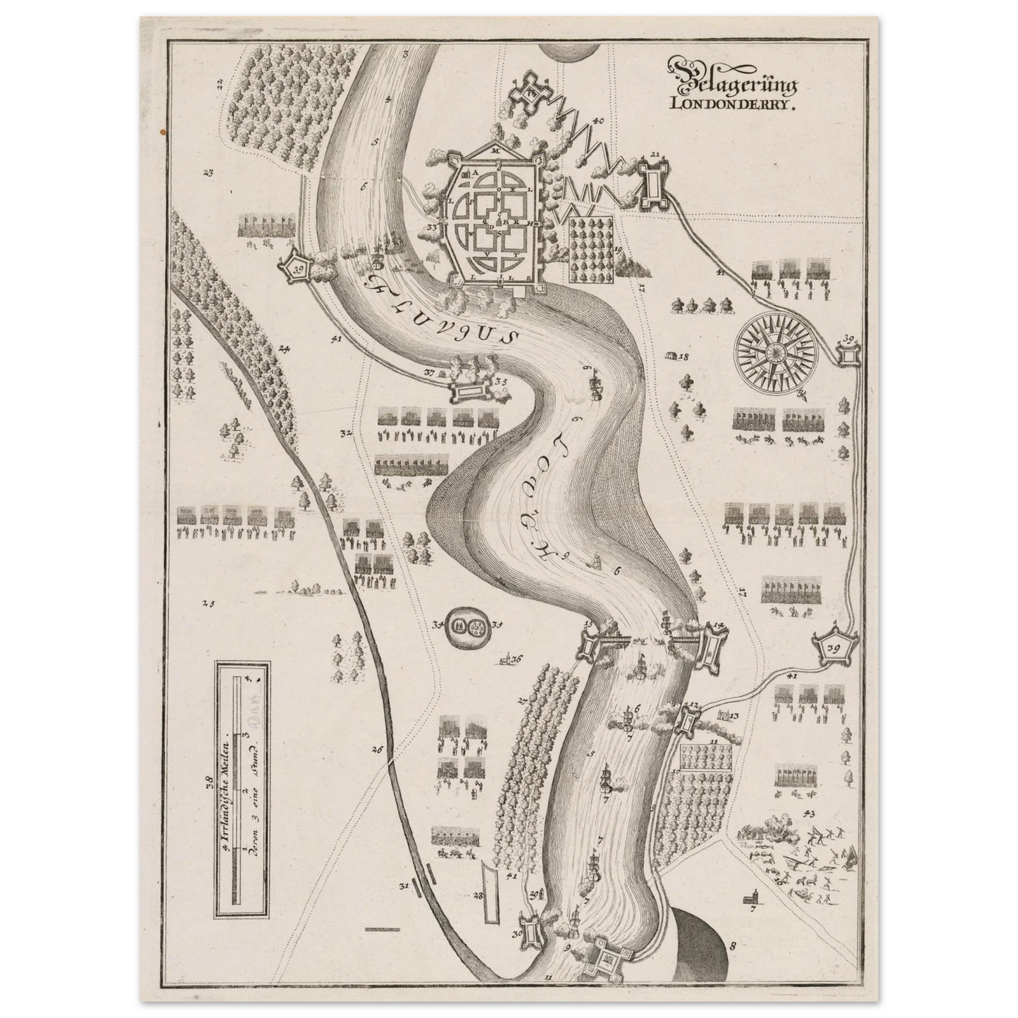 Framed Siege of Derry 1689 map print in a black wooden frame, ready to hang