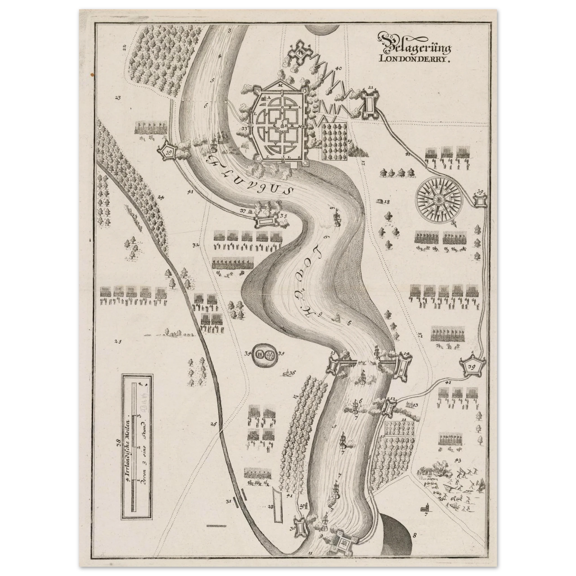 Framed Siege of Derry 1689 map print in a black wooden frame, ready to hang