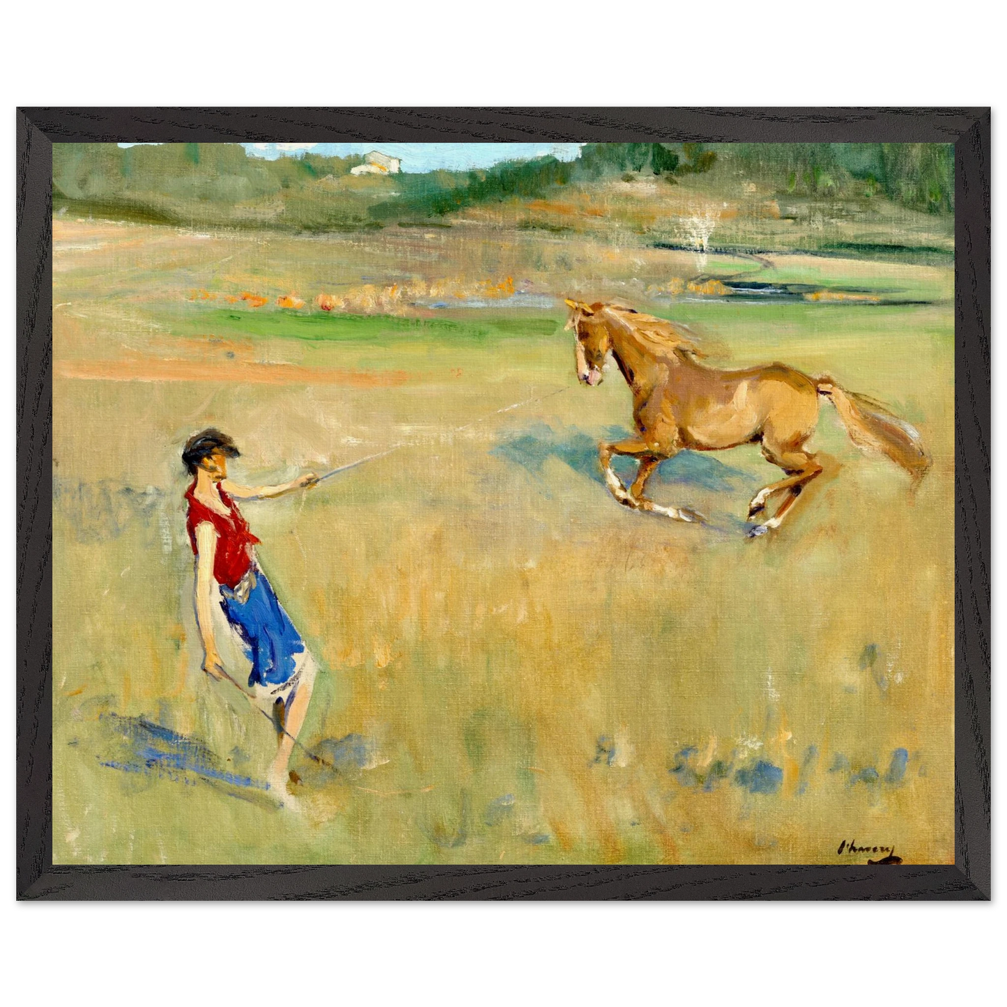 Schooling the Pony by Sir John Lavery, framed print in black wood frame