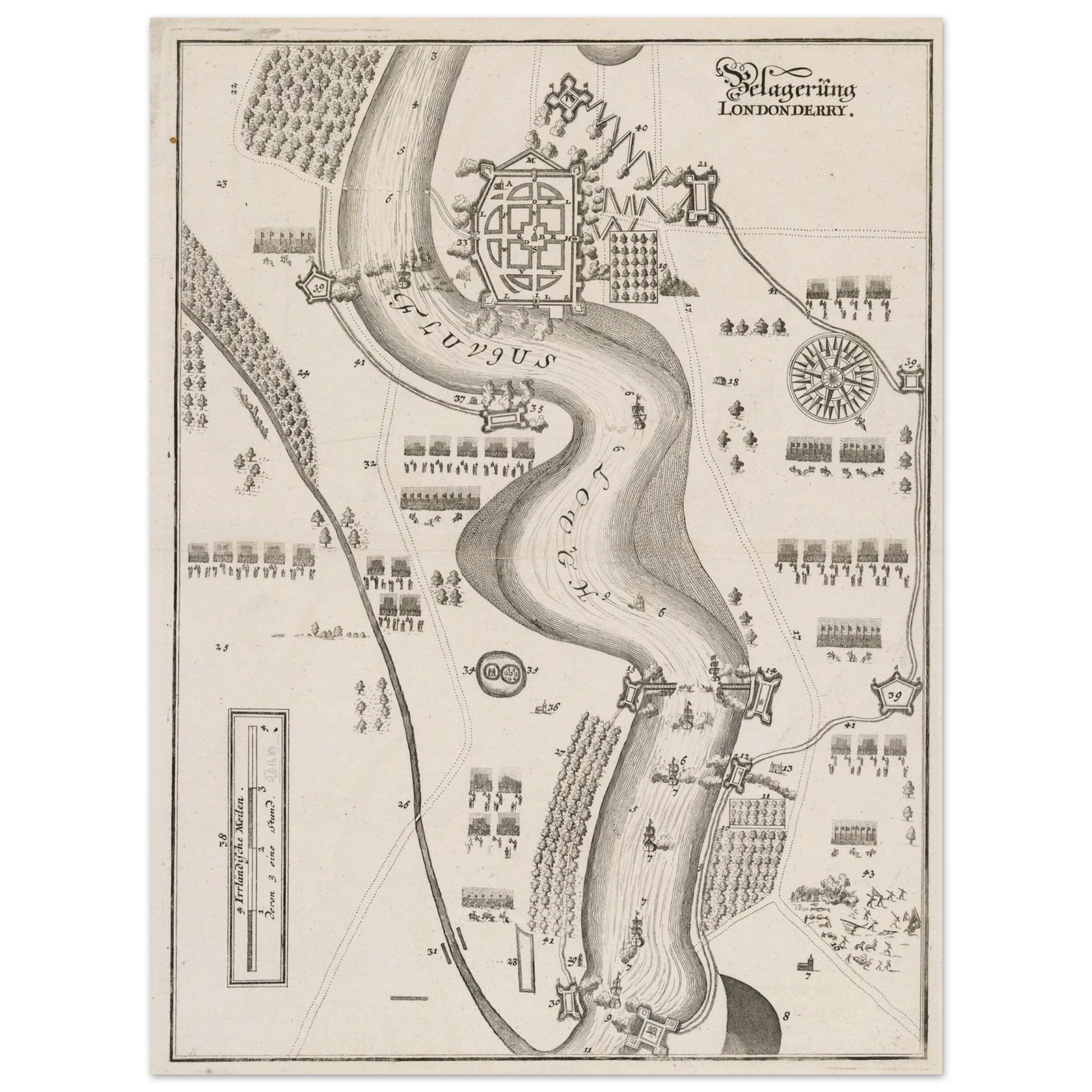 Aerial view of Derry under siege in 1689 with troop encampments lining the River Foyle