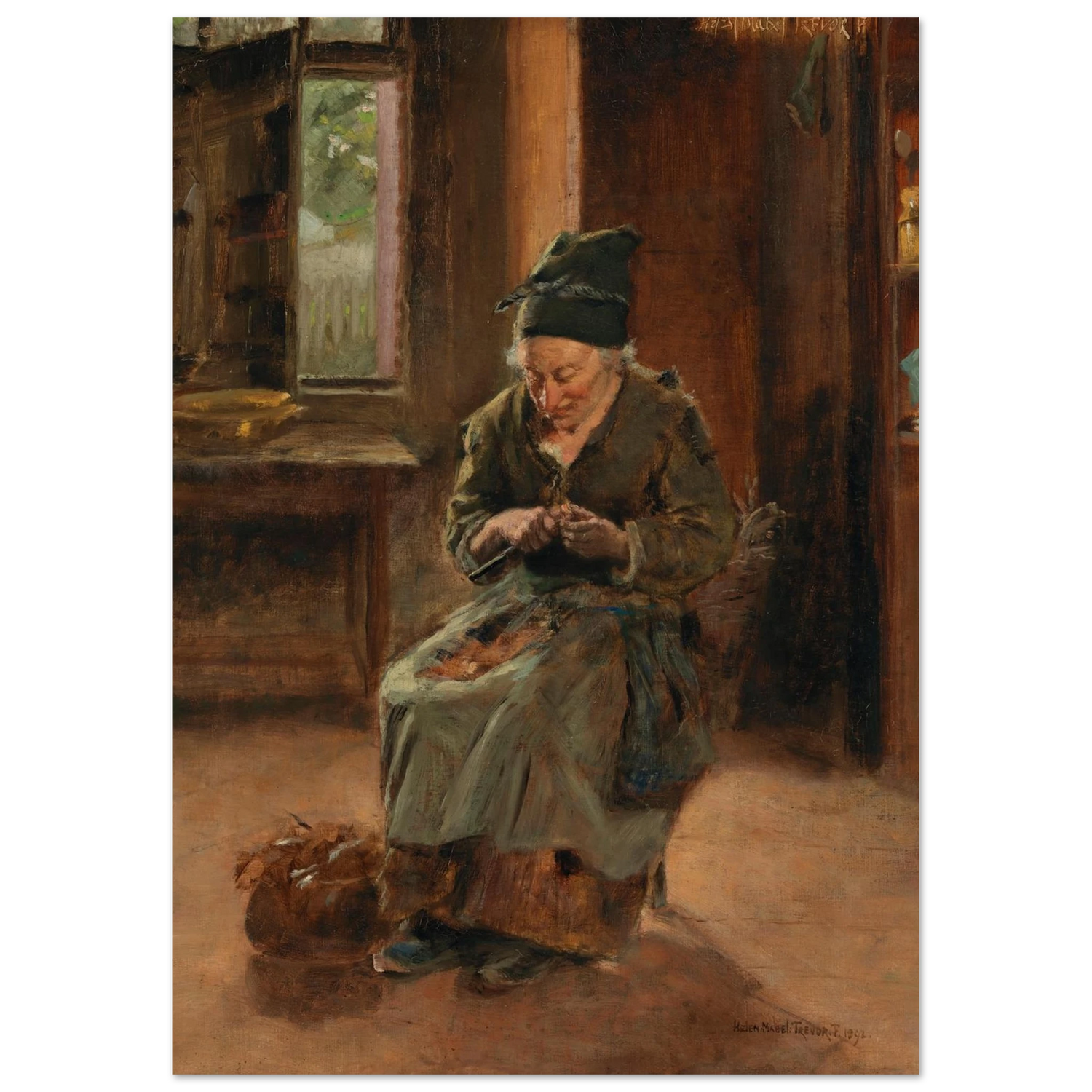 Painting of an elderly woman sitting and knitting in a rustic interior setting.