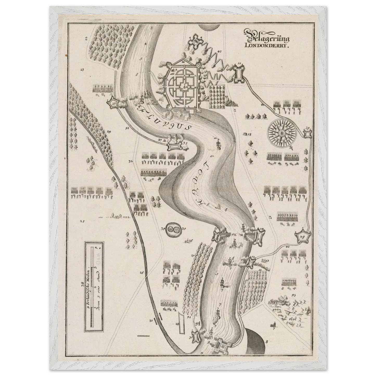 Framed Siege of Derry 1689 engraving in a white frame, ready to hang