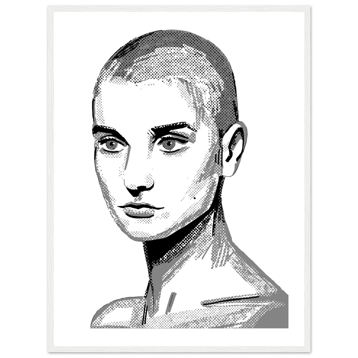 Framed wall art print of Sinéad O'Connor features a high-quality portrait capturing the iconic singer's striking presence. This vintage music framed wall art showcases the Irish princess pop star. Perfect for retro posters, musician prints, and Ireland-themed decor.