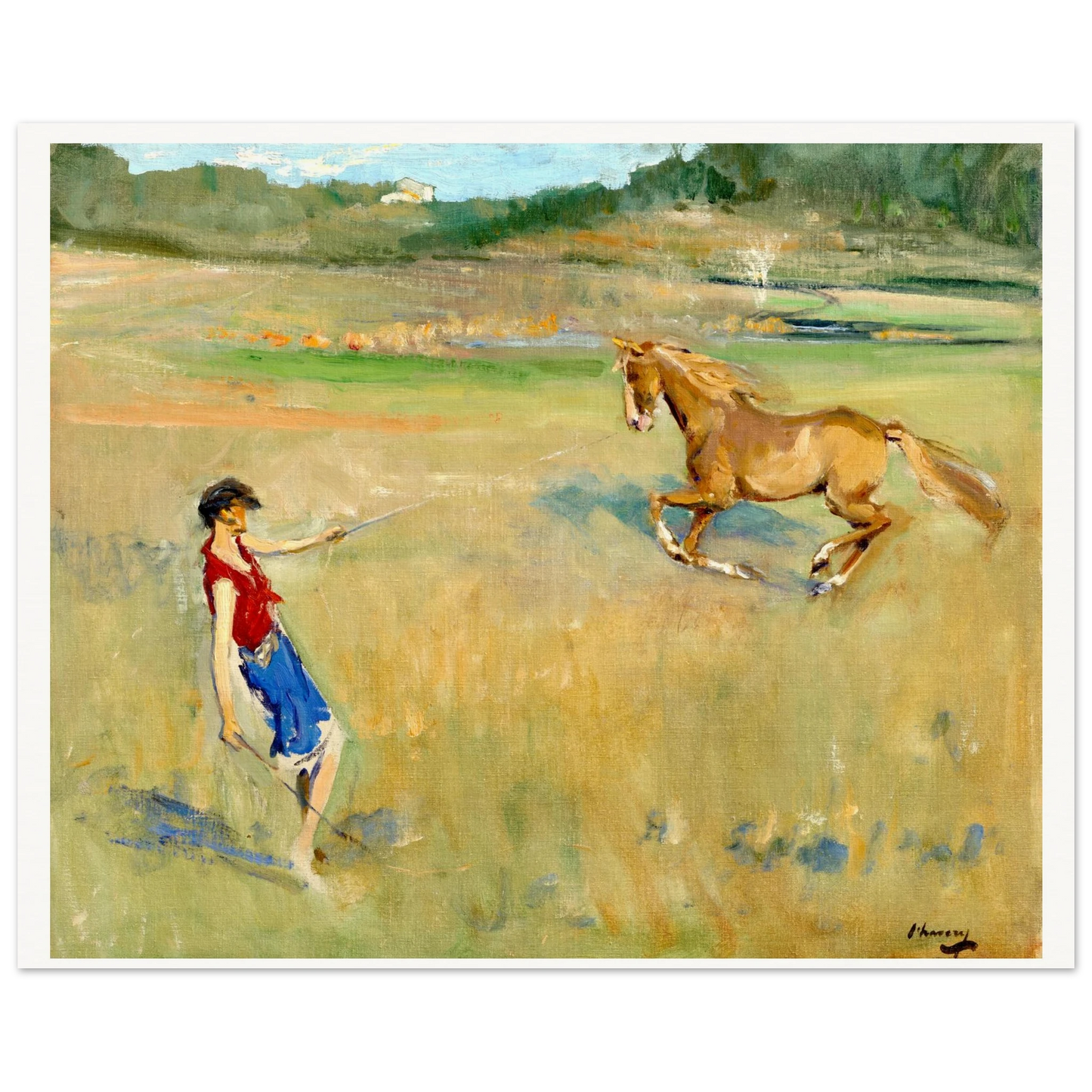 Schooling the Pony by Sir John Lavery, framed print in natural wood frame