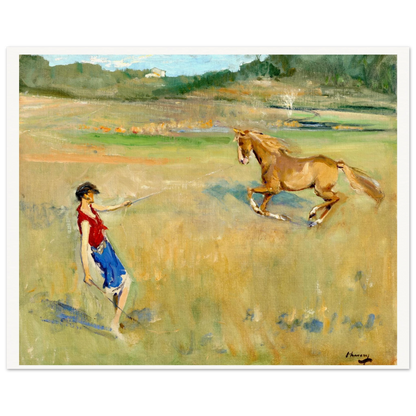 Schooling the Pony by Sir John Lavery, framed print in natural wood frame