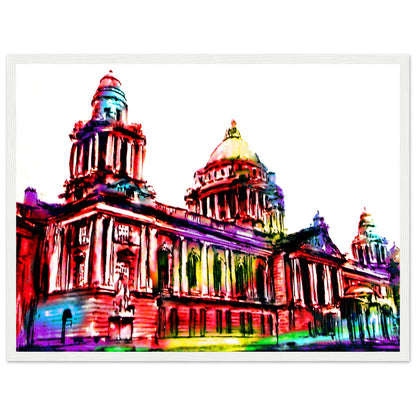 45x60 cm colourful Belfast City Hall artwork in white frame, centred above a simple oak sideboard with a lamp and small plant, soft beige wall, modern Nordic living room, realistic photography.