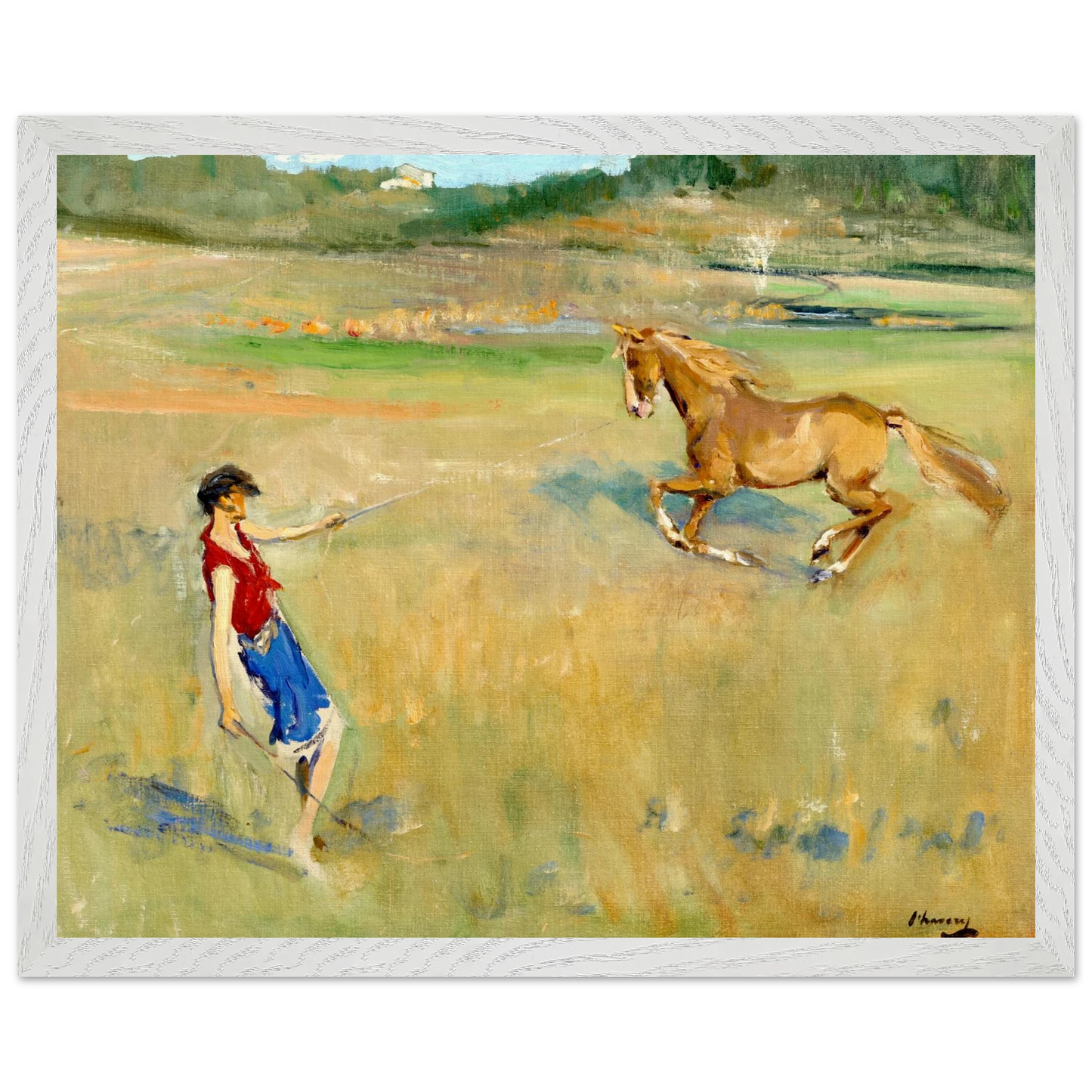 Schooling the Pony by Sir John Lavery, framed print in white wood frame