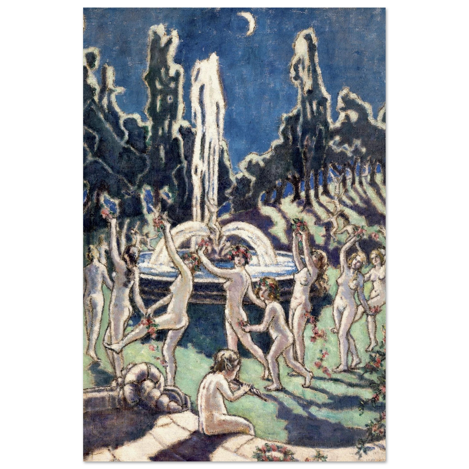 Figures Dancing Round a Fountain by Mainie Jellett - print in a natural wood frame