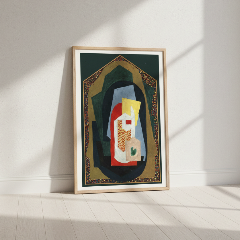 Decoration (1923) by Mainie Jellett, framed print leaning against a white wall on a light wood floor, with diagonal sunlight casting shadows