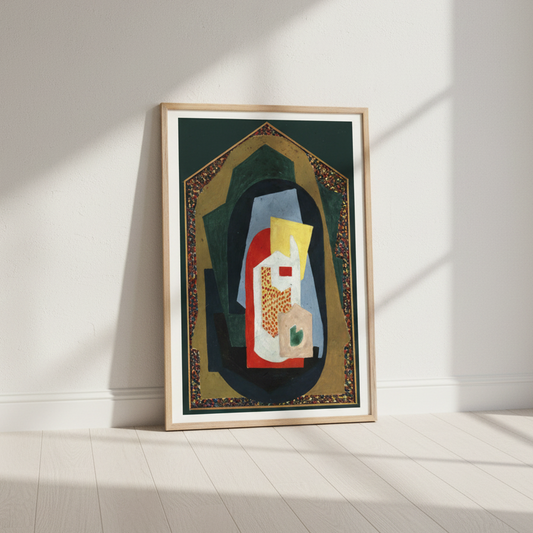 Decoration (1923) by Mainie Jellett, framed print leaning against a white wall on a light wood floor, with diagonal sunlight casting shadows
