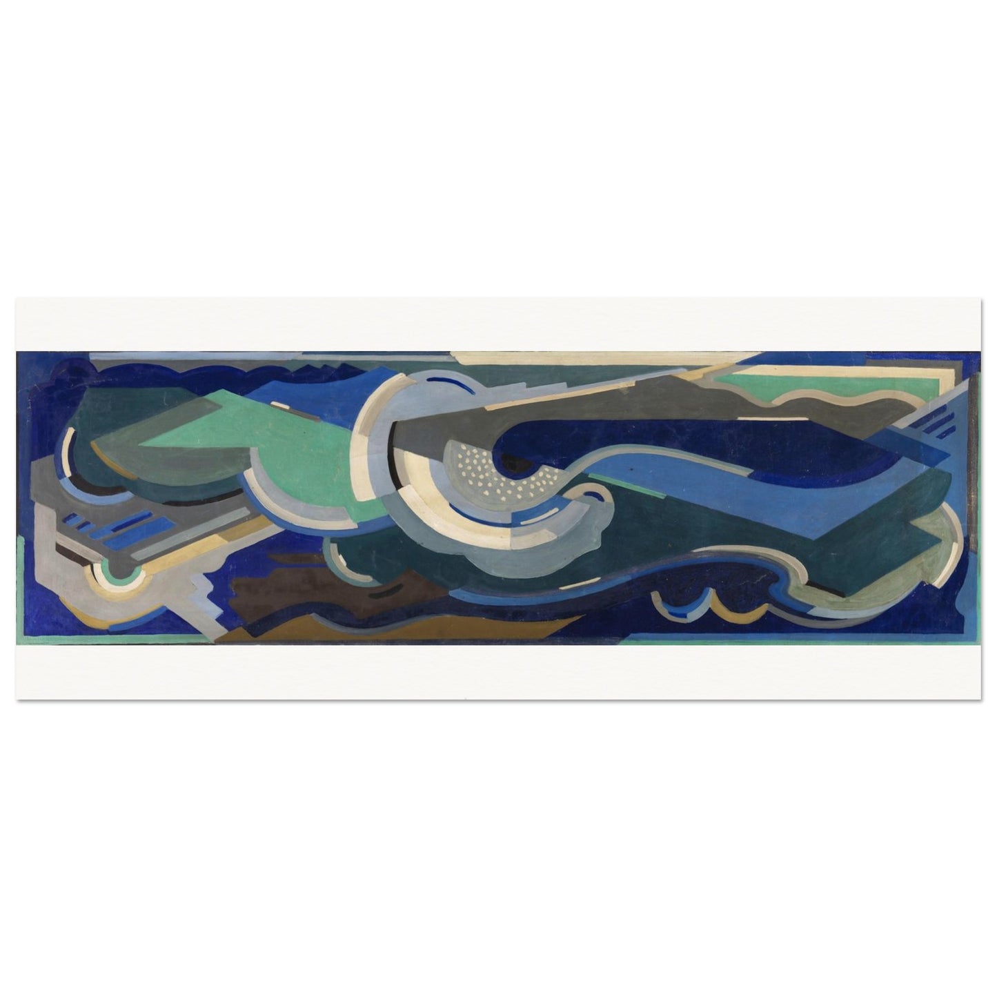 A Composition, Sea Rhythm by Mainie Jellett - panoramic Irish modernist art print, wave forms in cobalt, teal and cream