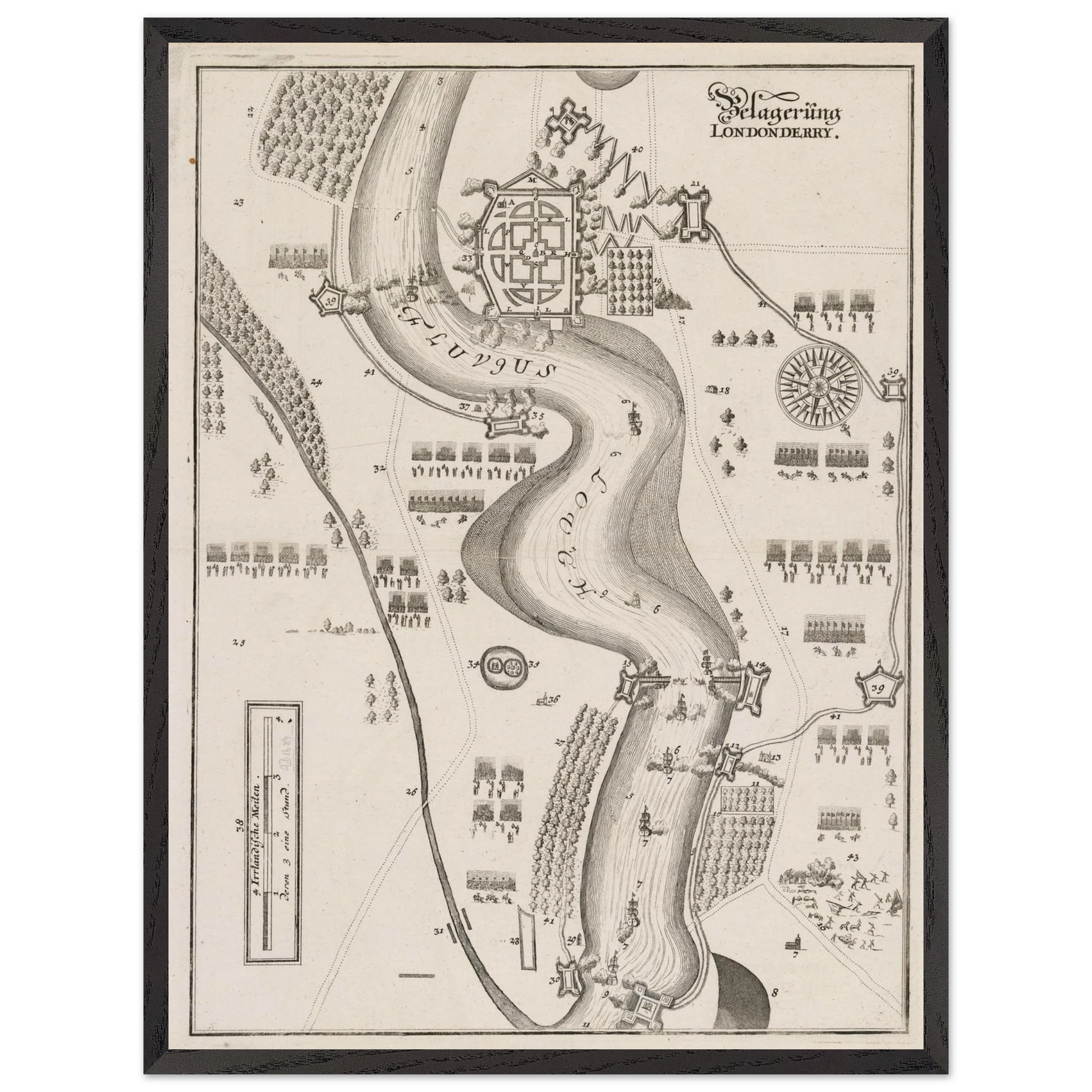 Framed Siege of Derry 1689 map print in a black frame for wall display