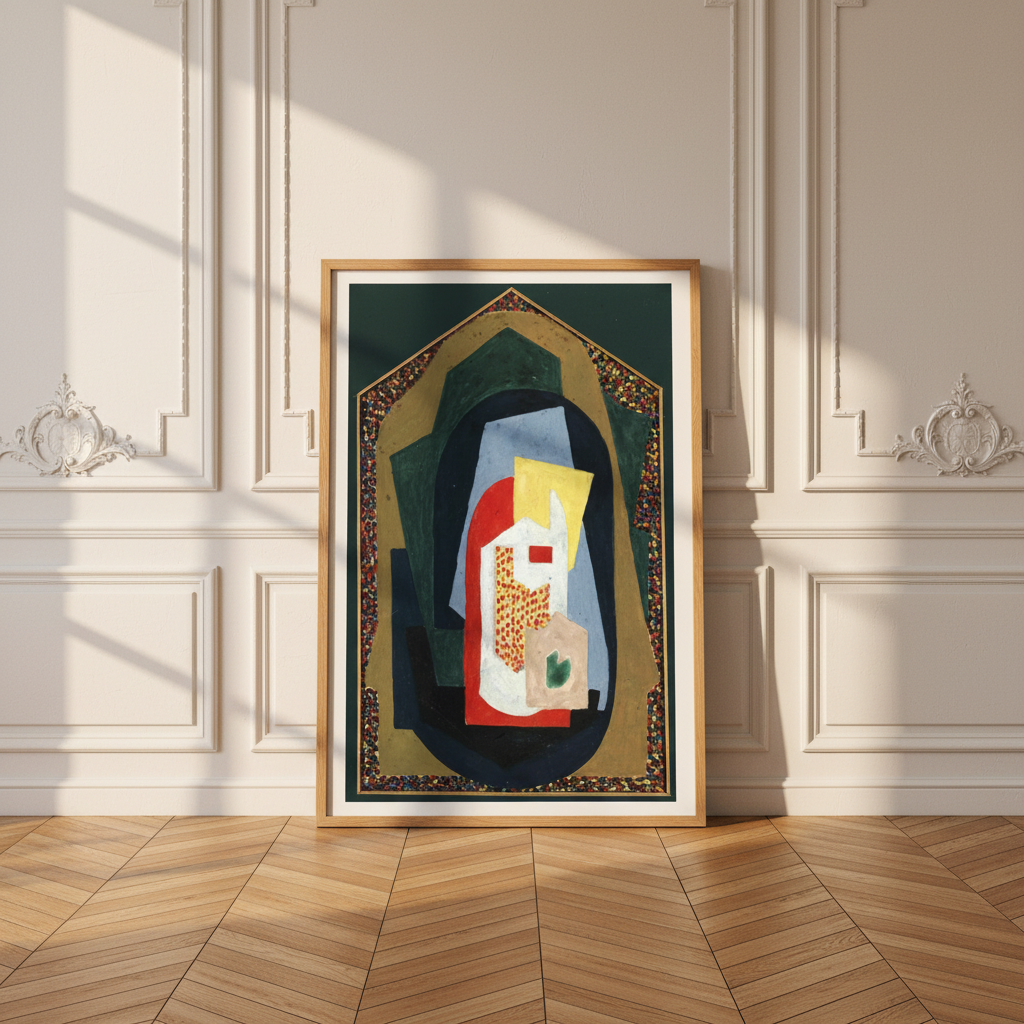 Decoration (1923) by Mainie Jellett, framed print in a thin light wood frame leaning against a white panelled wall on a herringbone floor, geometric composition in dark green, black, gold, red, blue and beige
