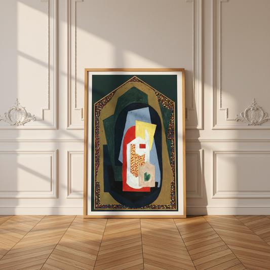 Decoration (1923) by Mainie Jellett, framed print in a thin light wood frame leaning against a white panelled wall on a herringbone floor, geometric composition in dark green, black, gold, red, blue and beige