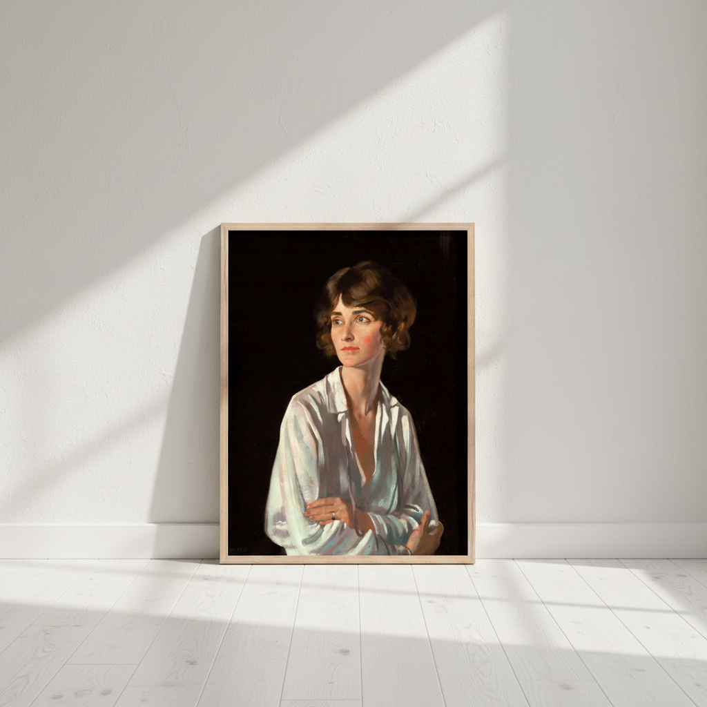 A framed portrait painting of a woman in a white blouse against a dark background, leaning against a white wall on a light floor with strong diagonal sunlight and shadows.