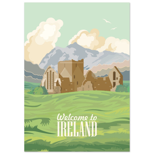 A4 unframed “Welcome to Ireland” travel poster with illustrated Irish landscape and castle ruins.