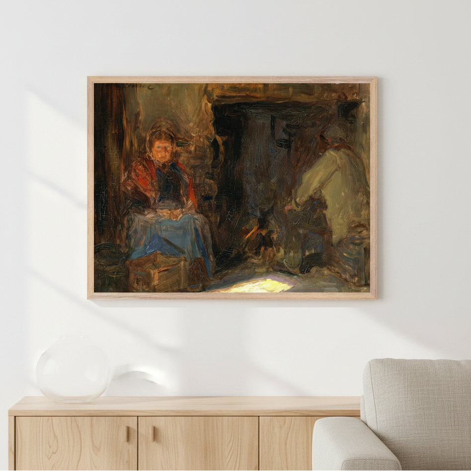 A Galway Cottage Framed Art Print by Irish Artist Walter Frederick Osborne displayed above a sideboard in a quiet interior, Buy Irish Art
