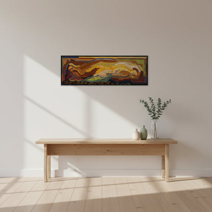 An Abstract CompositionvArtist: Mainie Jellett, 1897-1944 canvas print above a minimalist console table in a bright apartment, soft morning light, neutral colour palette, modern ceramics, eucalyptus stems in glass vase, Scandinavian–Irish interior styling, matte canvas texture visible.