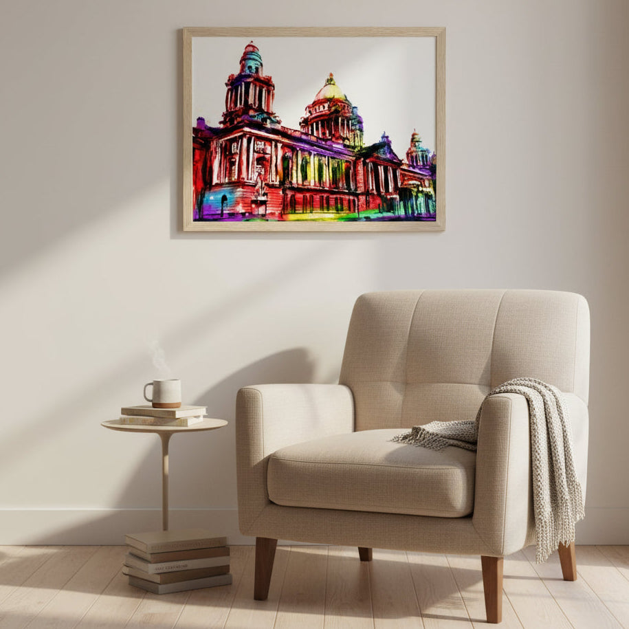 Belfast City Hall colourful framed art print with natural wood frame, 30x40 cm landscape, modern Irish cityscape wall art.