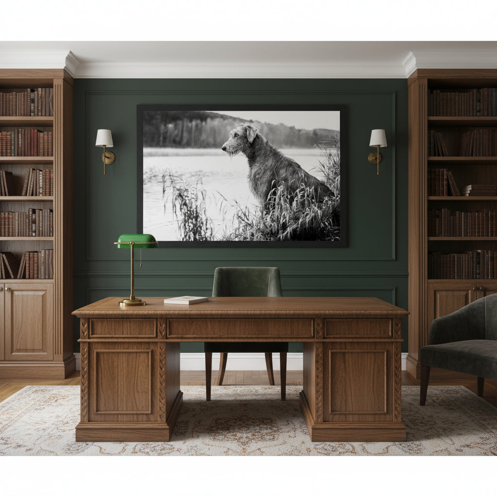 Irish Wolfhound framed print in black frame above heritage writing desk — Buy Irish Art