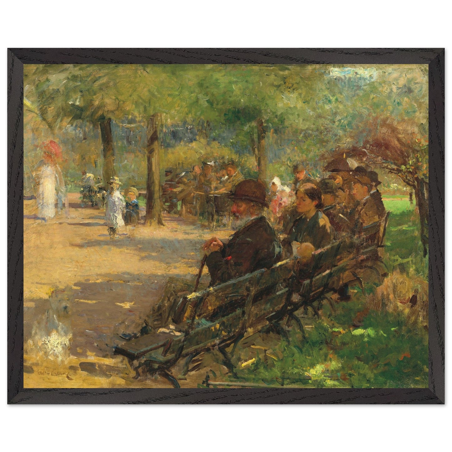 A museum-quality framed art print hanging in a bright, elegant Scandinavian interior. White walls, soft natural daylight, oak flooring, minimal furniture. The artwork is “In St Stephen’s Green” by Walter Frederick Osborne, 40×50 cm, shown in a premium hardwood frame. Ultra-high-resolution, photorealistic, no reflections, crisp details, true-to-life colours. Luxury gallery aesthetic.