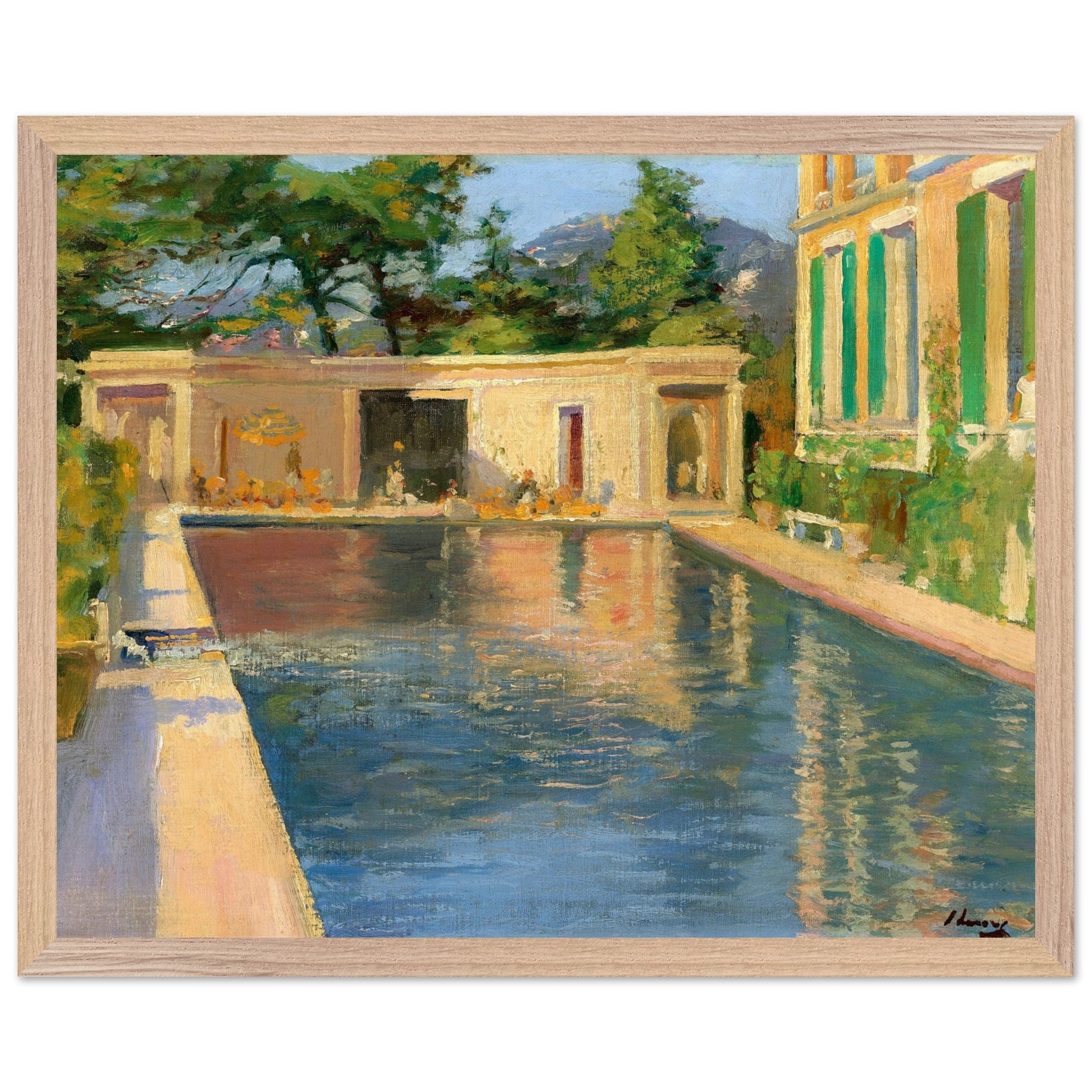 Irish Artist Sir John Lavery Art Print Framed artwork displayed in a contemporary interior with a hint of an outdoor pool or terrace in the background, reinforcing the painting’s setting.
