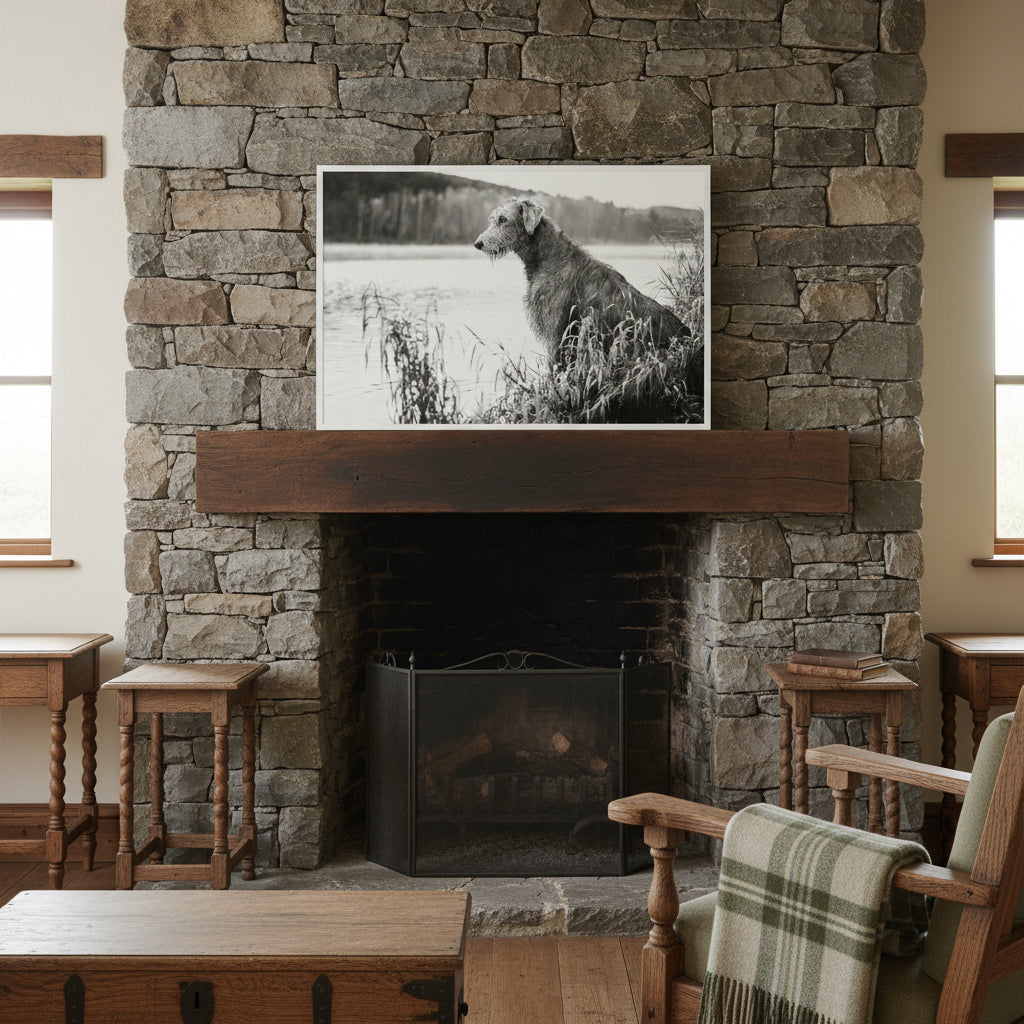Irish Wolfhound framed print above stone fireplace — traditional Irish home decor
