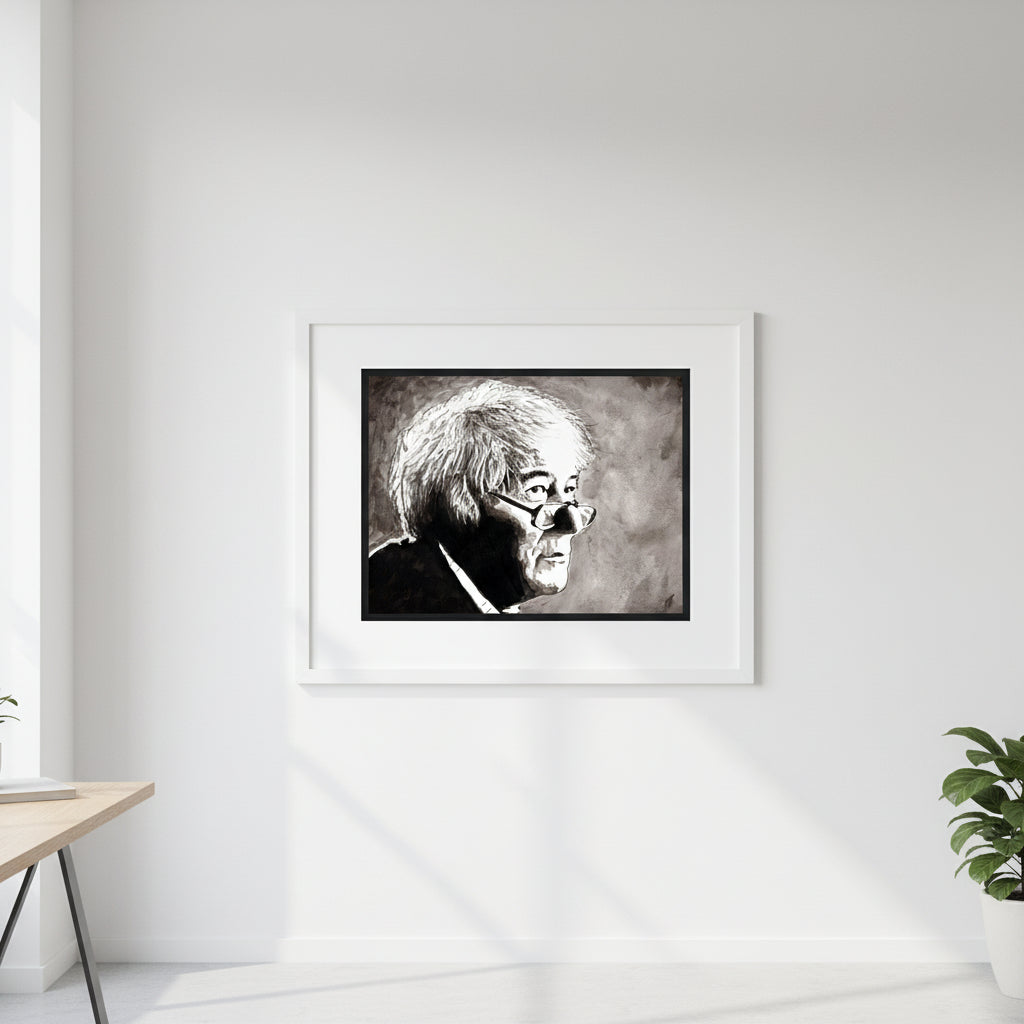 Black-framed portrait between shelves of poetry anthologies and Irish history volumes. Atmospheric side light highlighting paper texture and Heaney’s thoughtful expression.