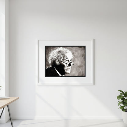Black-framed portrait between shelves of poetry anthologies and Irish history volumes. Atmospheric side light highlighting paper texture and Heaney’s thoughtful expression.
