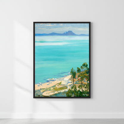 The Bay of Tunis, Morning by Irish Artist Sir John Lavery (1919) Irish Art Print, gallery edition fine art print in slim black gallery frame, displayed in minimalist
interior with soft diffused daylight, subtle shadows, premium contemporary styling,
clean white wall, photorealistic 4K
