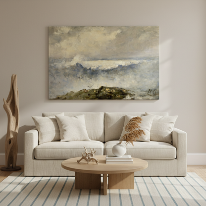 The Wave by Nathaniel Hone canvas print hanging above a light beige sofa in a coastal-inspired living room with soft natural light and driftwood accents