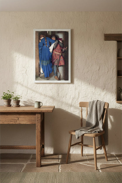 The Meeting on the Turret Stairs by Frederic William Burton, framed Irish art print in warm cottage interior with natural daylight