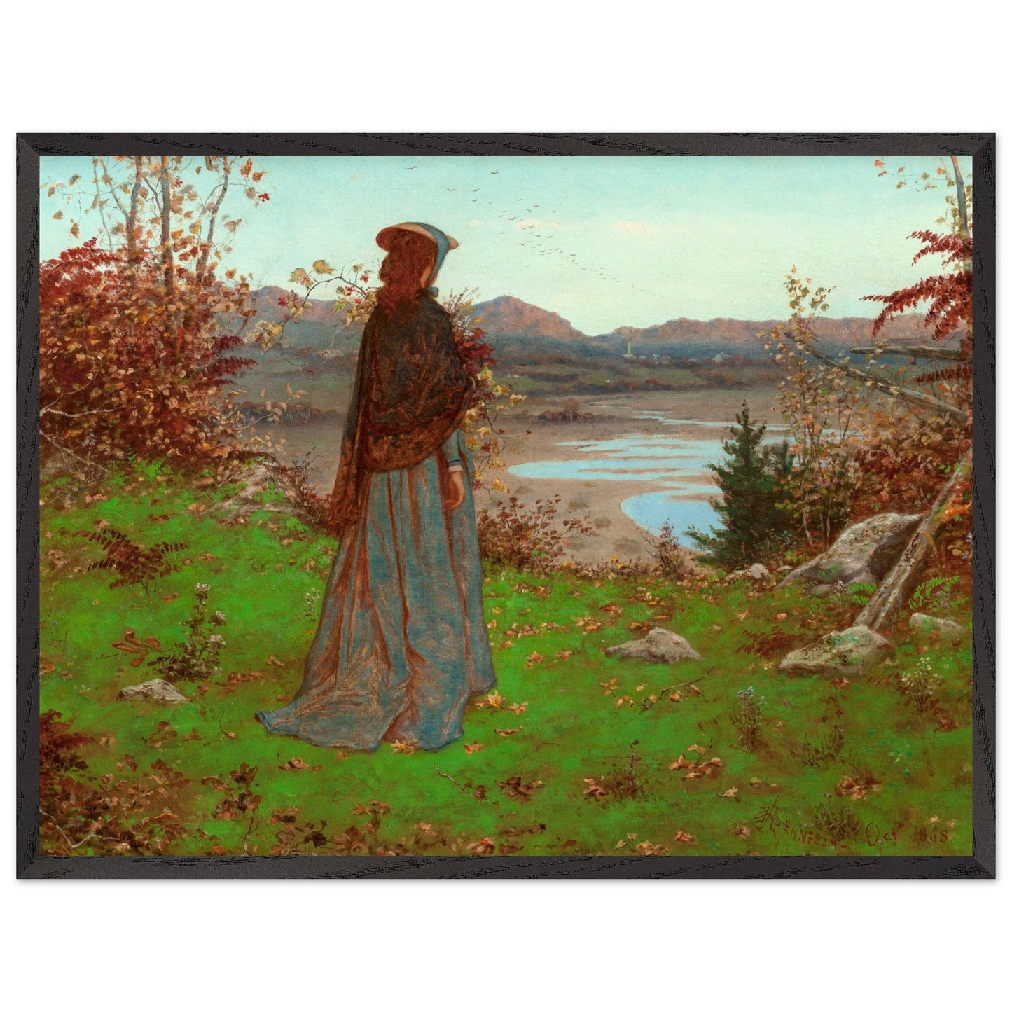 Woman in an Autumn Landscape – William J. Hennessy Irish Art Print Black wooden frame styled in a chic home office.